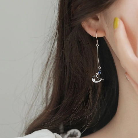 Whale Dangle Earrings Blue Water Drop Rhinestone Ocean Animal Style For Women Long Fringe With 925 Sterling Silver Earring Post