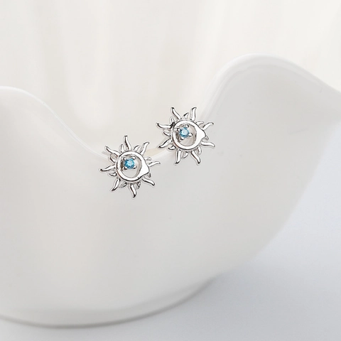 Sun Flower Stud Earrings Copper Blue Zircon With 925 Sterling Silver Earring Post Elegant Korean Style Women Accessory