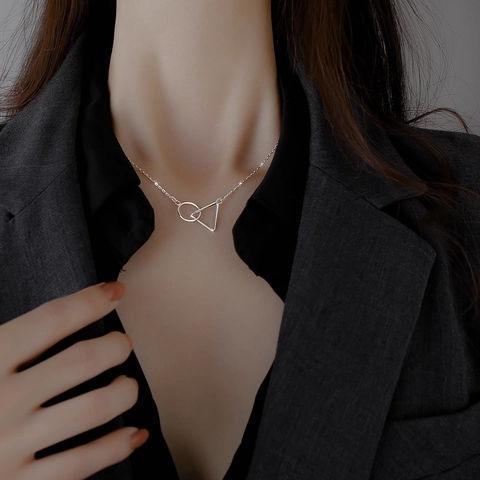Collana Con Pendente Geometrico Minimalista Rame Placcato Argento Cerchio Triangolo Intrecciato Catena Da Clavicola Donna