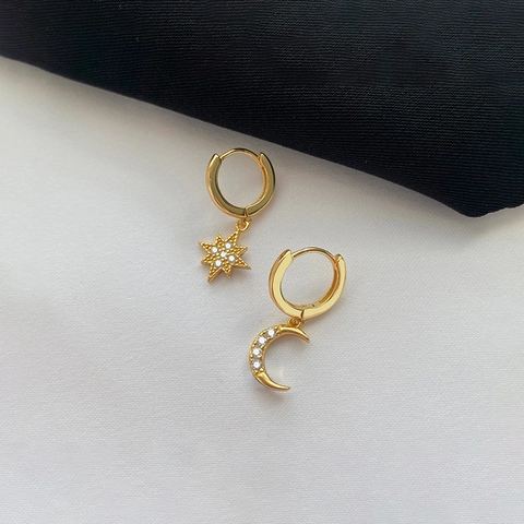 Asymmetrische Stern Und Mond Creolen Mit Zirkonia Kupfer Vergoldet Silver Earring Post Schmuck Für Frauen