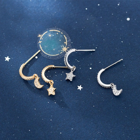 Asymmetrische Stern Mond Hängeohrringe Mit 925 Sterling Silber Ohrstecker Kupfer Zirkonia Elegant Schmuck