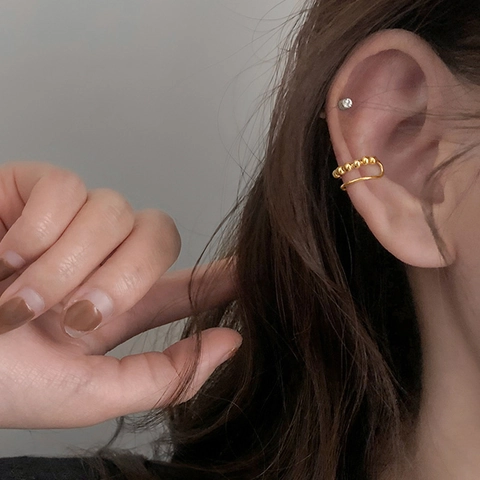 Ear Cuff A Doppio Strato In Rame Con Perle E Anello Liscio Orecchino Senza Buco Gioielli Minimalisti Per Donne