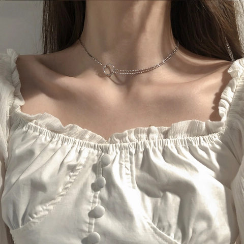 Collar De Doble Capa Cobre Plateado Cadena De Bolas Y Eslabones Asimétricos Colgante Círculo Gargantilla Minimalista Mujeres