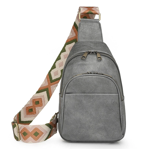 Bolso de Pecho de Mujer Vintage de Cuero PU Con Correa Ancha Bordada Geométrica Bolso Bandolera Casual para Viaje Diario Mochila Pequeña de Moda