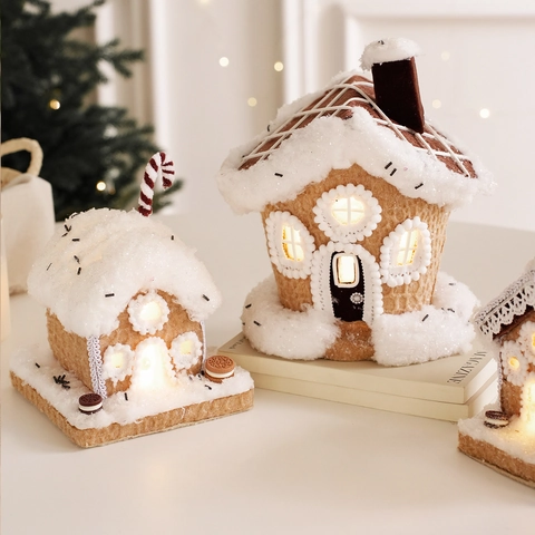 Maison En Pain D Epices De Noel Ornement Lumineux LED Mousse Tissu Miniature Decorative De Bureau