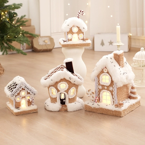 Maison En Pain D Epices De Noel Ornement Lumineux LED Mousse Tissu Miniature Decorative De Bureau