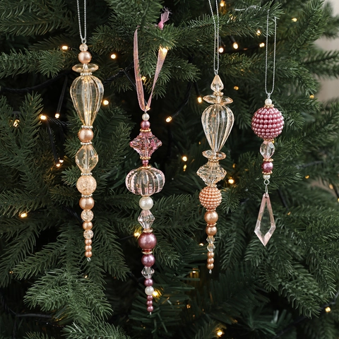 Acrylic Crystal Christmas Tree Hanging Pendants Faceted Beaded Ornaments Champagne Pink Elegant Festive Holiday Decoration