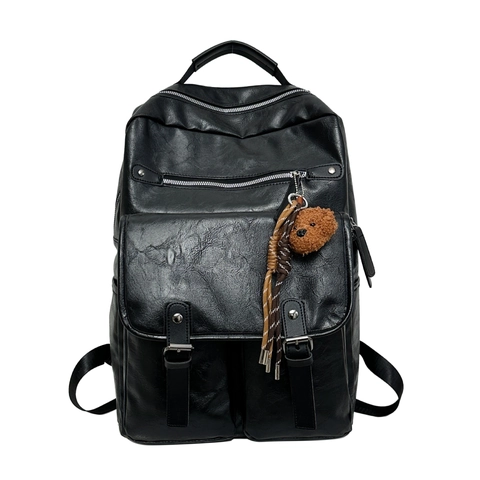 Mochila De Cuero PU Retro Gran Capacidad Multi Bolsillo Moda Estilo Coreano Bolsa De Escuela De Viaje Para Mujeres Hombres Con Colgante Oso