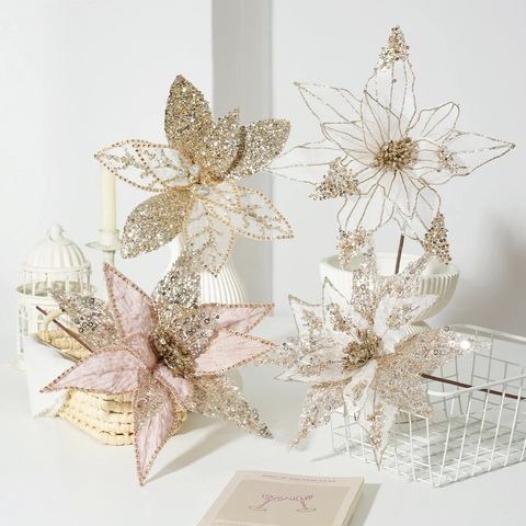 Christmas Artificial Poinsettia Flowers Glitter Mesh Hollow Flowers For Christmas Tree Home Party Decor Ornaments