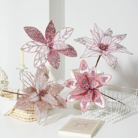 Künstliche Weihnachtssterne Blumen Glitzer Satin Mesh Stoff Für Weihnachtsbaum Garten Haus Party Dekoration
