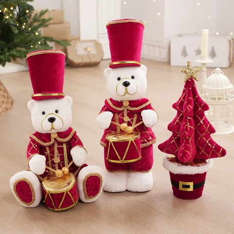 Weihnachts Plüsch Bär Rentier Ornamente Nussknacker Trommler Stil Samt Stoff Pailletten Festliche Tischdekoration Feiertag