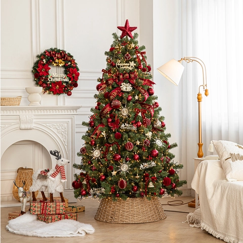 Künstlicher Weihnachtsbaum Set LED Lichter PVC PE Luxus Nordisch Festlich Innen Haus Party Deko Ornamente Schleifen