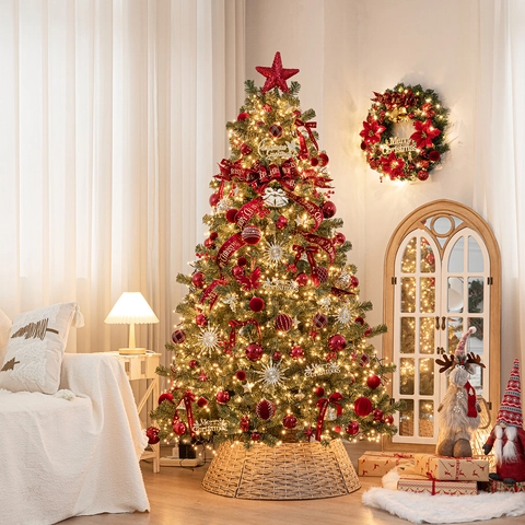 Künstlicher Weihnachtsbaum Set LED Lichter PVC PE Luxus Nordisch Festlich Innen Haus Party Deko Ornamente Schleifen