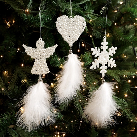 White Christmas Hanging Ornament Faux Artificial Pearl Feather Snowflake Angel Bell Holiday Home Party Tree Decoration Elegant