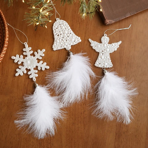 White Christmas Hanging Ornament Faux Artificial Pearl Feather Snowflake Angel Bell Holiday Home Party Tree Decoration Elegant