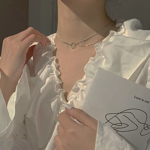 Minimalistische Verzilverde Koperen Dubbellaagse Cirkel Hanger Ketting Voor Dames Geometrische Choker Sieraden