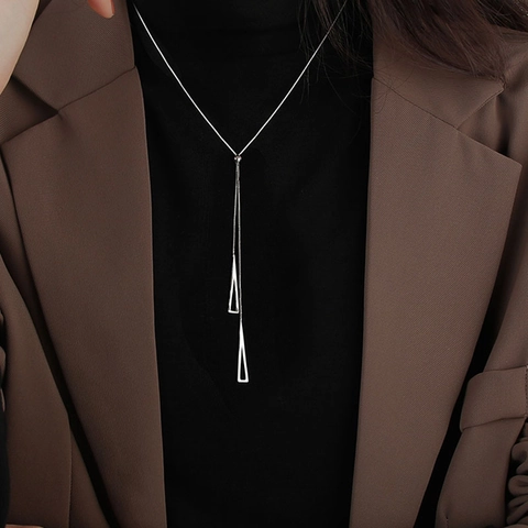Collar Lariat Geométrico Minimalista Cobre Cuenta Deslizante Ajustable Borla Triángulo Hueco Cadena Clavícula Mujeres