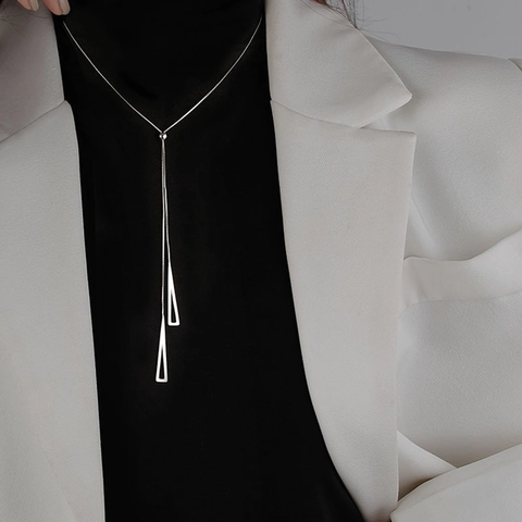 Collar Lariat Geométrico Minimalista Cobre Cuenta Deslizante Ajustable Borla Triángulo Hueco Cadena Clavícula Mujeres