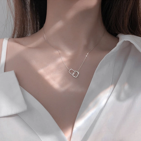 Geometric Double Interlocking Square Necklace Copper Base Cubic Zirconia Pave Minimalist Elegant Jewelry For Women