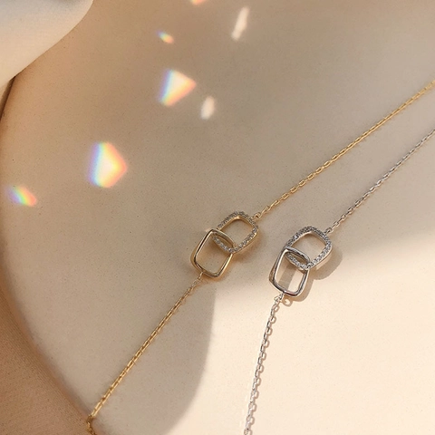 Geometric Double Interlocking Square Necklace Copper Base Cubic Zirconia Pave Minimalist Elegant Jewelry For Women