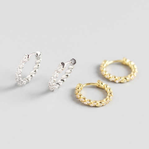 Gevlochten Touw Hoop Oorbellen Messing Zirconia Micro Pave Huggie Met Zilveren Oorbelpen Voor Vrouwen Elegante Sieraden