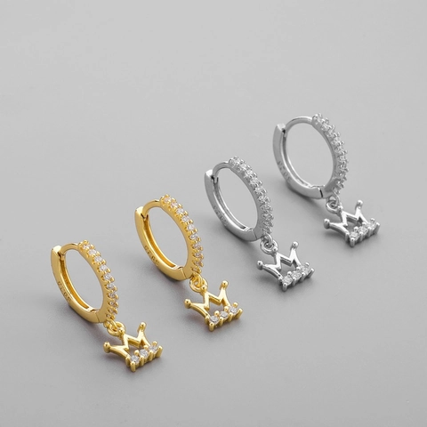 Pendientes Huggie Con Colgante De Corona Cobre Circonita Con Poste De Plata Esterlina 925 Elegante Princesa Mujer