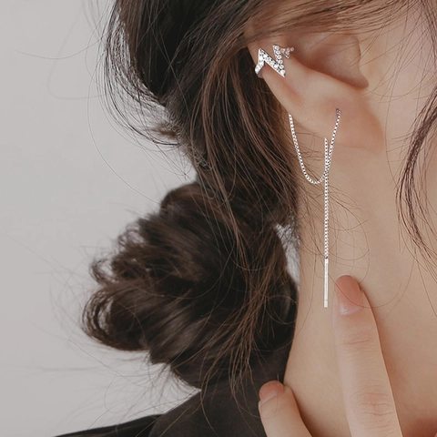 Copper Rhinestone Lightning Tassel Earrings With 925 Sterling Silver Earring Post Dainty Long Chain Ear Clip For Women