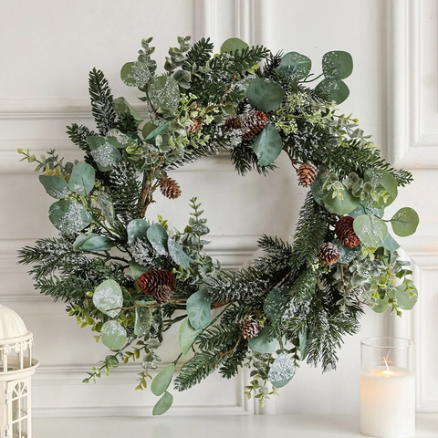 Kerstkrans Slinger Kunstmatige Eucalyptus Dennennaalden Dennenappels Sneeuw Mat Winter Decoratie