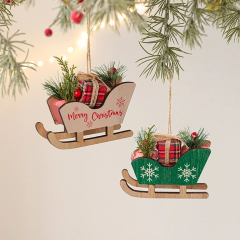 Wooden Christmas Sleigh Hanging Ornament For Tree Decoration Merry Christmas Lettering Snowflakes Plaid Gift Box Home Decor