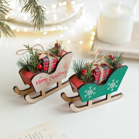 Wooden Christmas Sleigh Hanging Ornament For Tree Decoration Merry Christmas Lettering Snowflakes Plaid Gift Box Home Decor