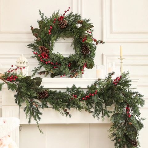 Navidad Corona Guirnalda Agujas De Pino Artificiales Bayas Rojas Piñas Naturales Estilo Bosque Decoración Pared Chimenea Hogar