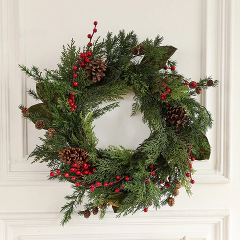 Navidad Corona Guirnalda Agujas De Pino Artificiales Bayas Rojas Piñas Naturales Estilo Bosque Decoración Pared Chimenea Hogar