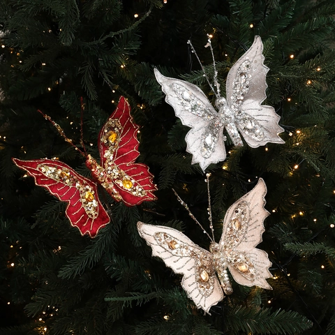 Glitter Sequin Butterfly Christmas Tree Ornament With Metal Clip Fabric Rhinestone Butterfly Decoration For Holiday Party Home Decor