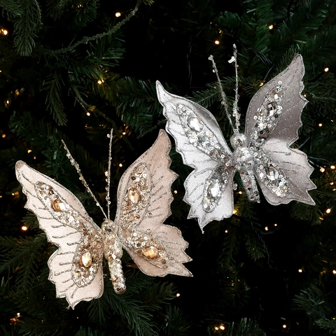 Glitter Sequin Butterfly Christmas Tree Ornament With Metal Clip Fabric Rhinestone Butterfly Decoration For Holiday Party Home Decor