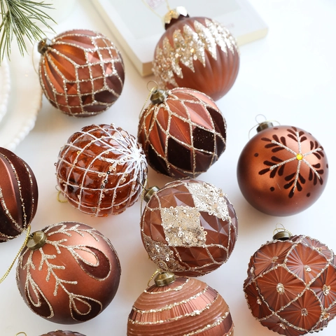 Vintage Kaffeebraun Bronze Weihnachtskugeln Unzerbrechlicher Kunststoff Glitzer Pailletten Hängende Dekorationen Für Baum
