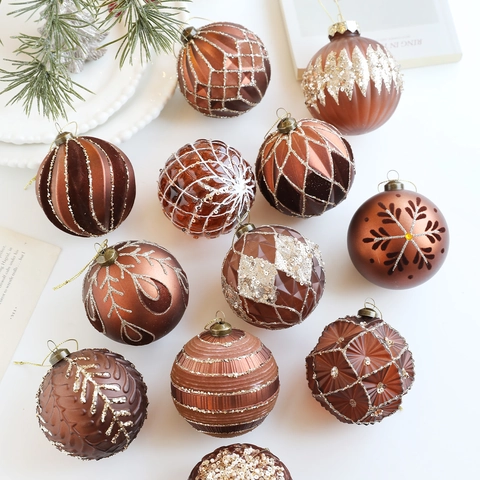 Bolas de Navidad Vintage Café Marrón Bronce Adornos Colgantes de Plástico Irrompible Con Purpurina y Lentejuelas
