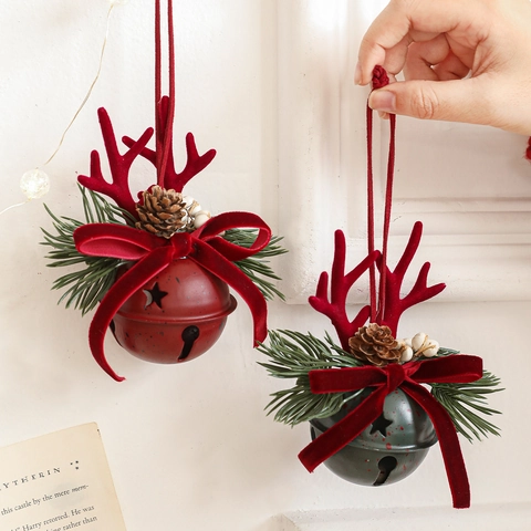 Ciondolo Campana di Natale Ornamento Appeso Con Fiocco in Velluto Ago di Pino Artificiale Pigna Naturale Decorazione Festiva