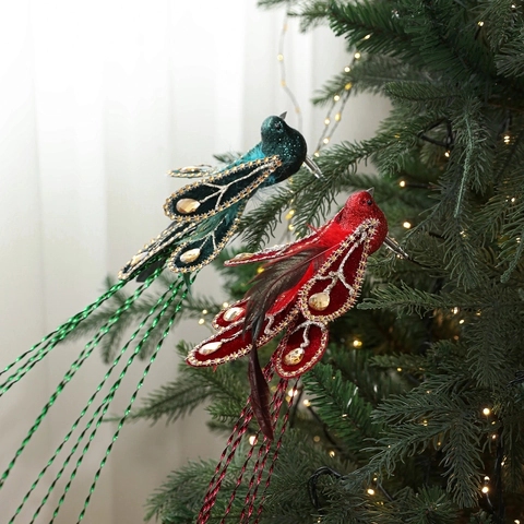 Bird Ornaments Glitter Rhinestone Artificial Feather Clip-On Christmas Tree Decorations Holiday Party Decor
