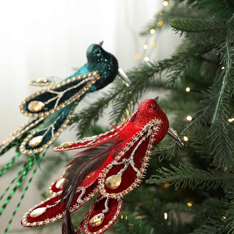 Bird Ornaments Glitter Rhinestone Artificial Feather Clip-On Christmas Tree Decorations Holiday Party Decor