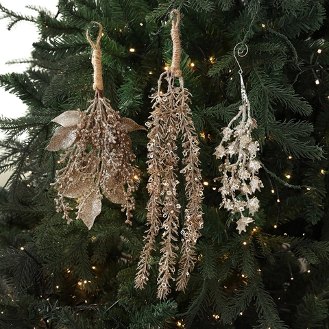 Champagne Gold Glitter Christmas Tree Hanging Branches Artificial Leaves Sequin Plastic Holiday Party Decor