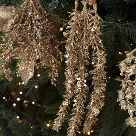 Champagne Gold Glitter Christmas Tree Hanging Branches Artificial Leaves Sequin Plastic Holiday Party Decor