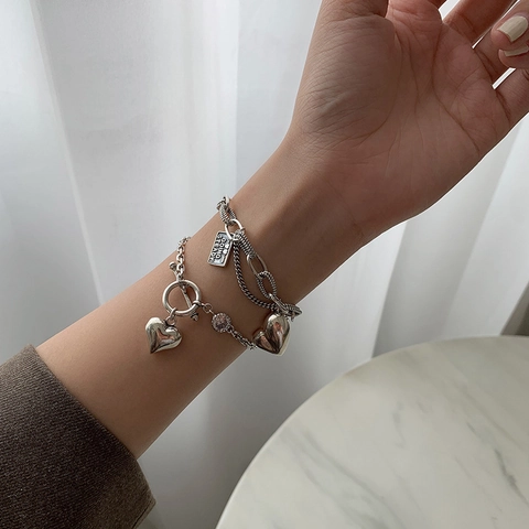 Vintage Herz Anhänger Armband Versilbertes Kupfer Mehrlagig Punk Stil Schmuck Geschenk Für Frauen