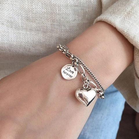 Bracciale A Doppio Strato Ciondolo A Cuore Targhetta Rotonda Love Forever Retro Punk Hip Hop Gioielli Argentato S925