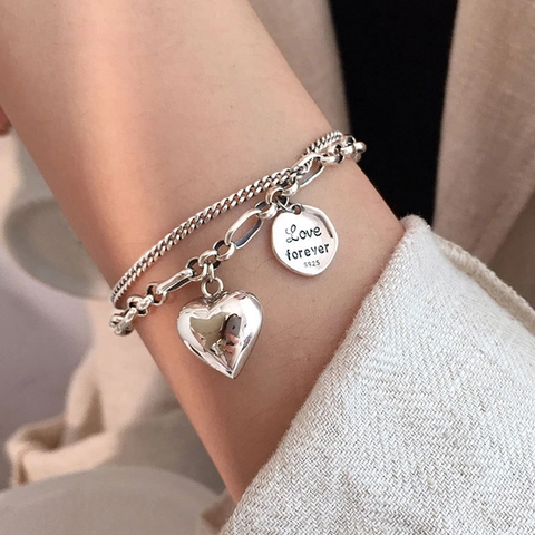 Bracciale A Doppio Strato Ciondolo A Cuore Targhetta Rotonda Love Forever Retro Punk Hip Hop Gioielli Argentato S925