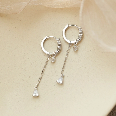 Teardrop Drop Hoop Earrings Zircon Long Chain Tassel Elegant Copper Silver Plated For Women