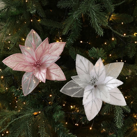 Hohl Glitzer Künstliche Poinsettia Blumen Für Weihnachtsbaum Dekoration Stoff Netz Simulation Blumen DIY Heimdekor