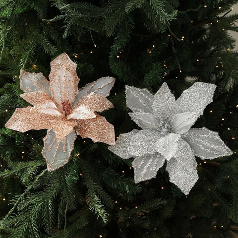 Artificial Christmas Poinsettia Flowers Glitter Mesh Fabric Sparkling Floral Picks For Tree Decorations Holiday Party Home