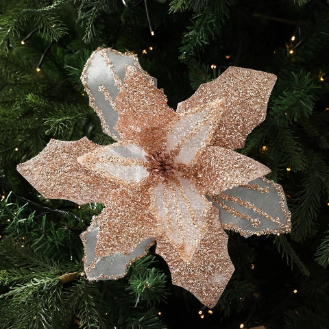 Artificial Christmas Poinsettia Flowers Glitter Mesh Fabric Sparkling Floral Picks For Tree Decorations Holiday Party Home