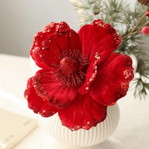 Fiori Di Natale Artificiali Velluto Paillettes Magnolie Per Decorazione Albero Elegante Arredamento Festa Casa
