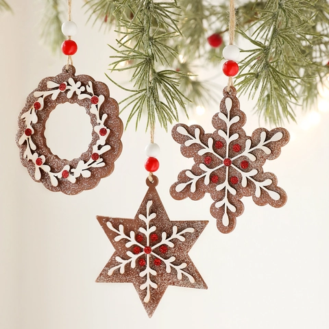 Peperkoek Stijl Houten Kerstboom Hangende Ornamenten Met Houten Kralen Sneeuwvlok Ster Rond Feestelijke Huis Decoratie Hangers
